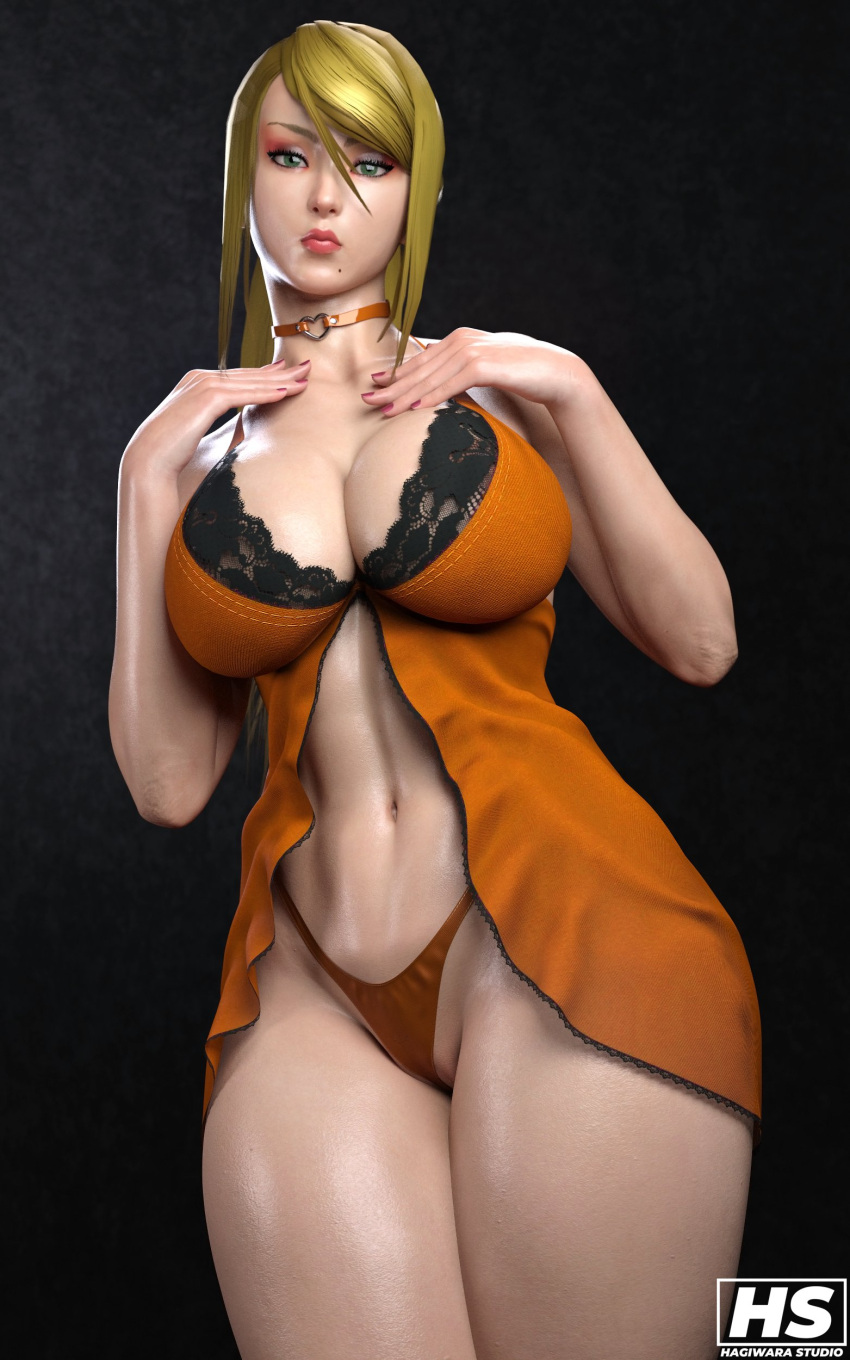 1girls 3d ass big_ass big_breasts bimbo blonde_hair blue_eyes breasts female female_only hagiwara_studio lingerie long_blonde_hair long_hair looking_at_viewer metroid nintendo orange_lingerie posing samus_aran solo thick_thighs thong