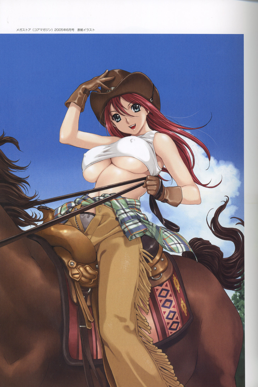 1girls cow_girl cowboy_hat erect_nipples farmgirl female female_only happoubi_jin hat highres horse huge_breasts shitapai solo underboob western