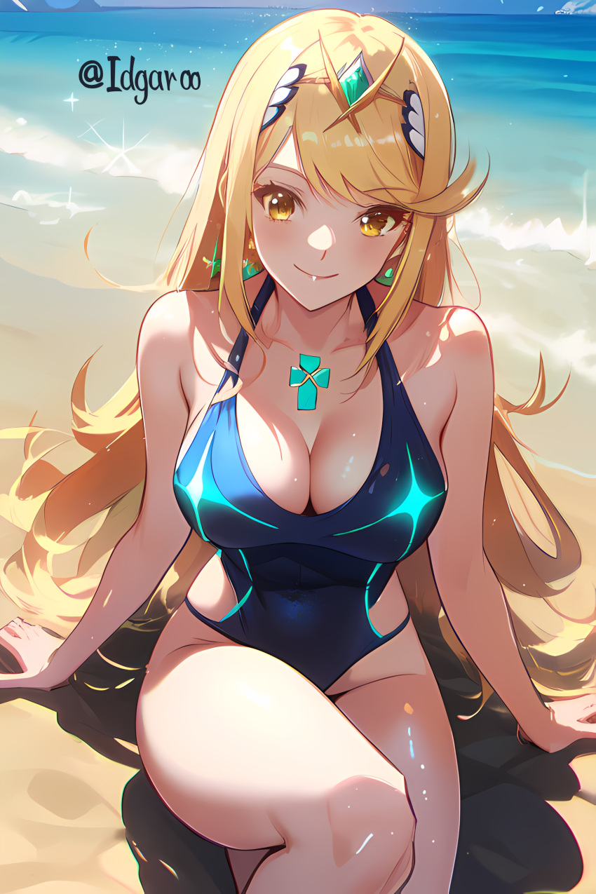 ai_generated beach blonde_hair blue_swimsuit core_crystal hi_res highres idgaroo laying_on_ground looking_at_viewer looking_up mythra sand smile swimsuit xenoblade_(series) xenoblade_chronicles_2 yellow_eyes