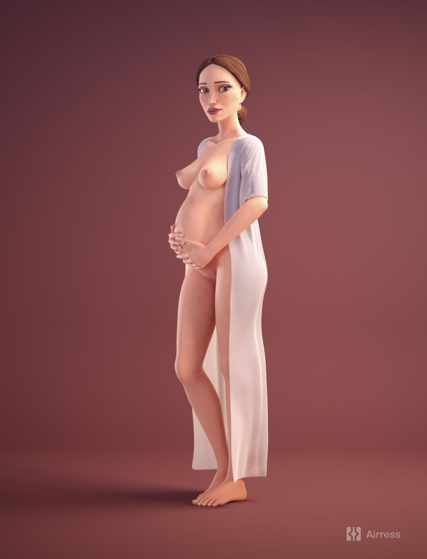 1girls airress3d airress3d_(3d-modeller) brown_eyes brown_hair canon_pregnancy clone_wars hands_on_belly large_breasts naked nude nude_female open_robe padme_amidala ponytail pregnant pussy shaved_pussy standing star_wars