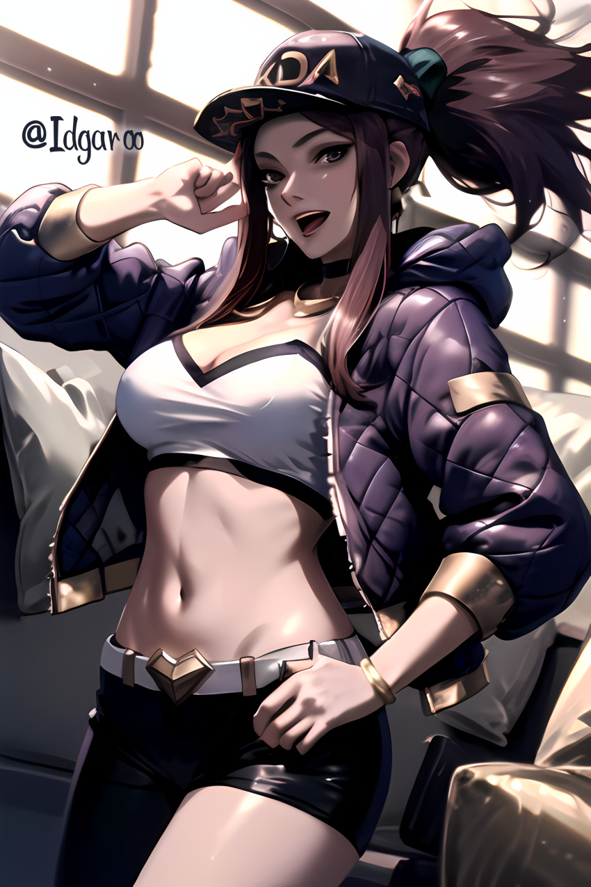 ai_generated akali baseball_cap hand_on_hip hi_res highres idgaroo indoors k/da_akali k/da_series league_of_legends open_mouth ponytail purple_jacket smile stable_diffusion white_topwear