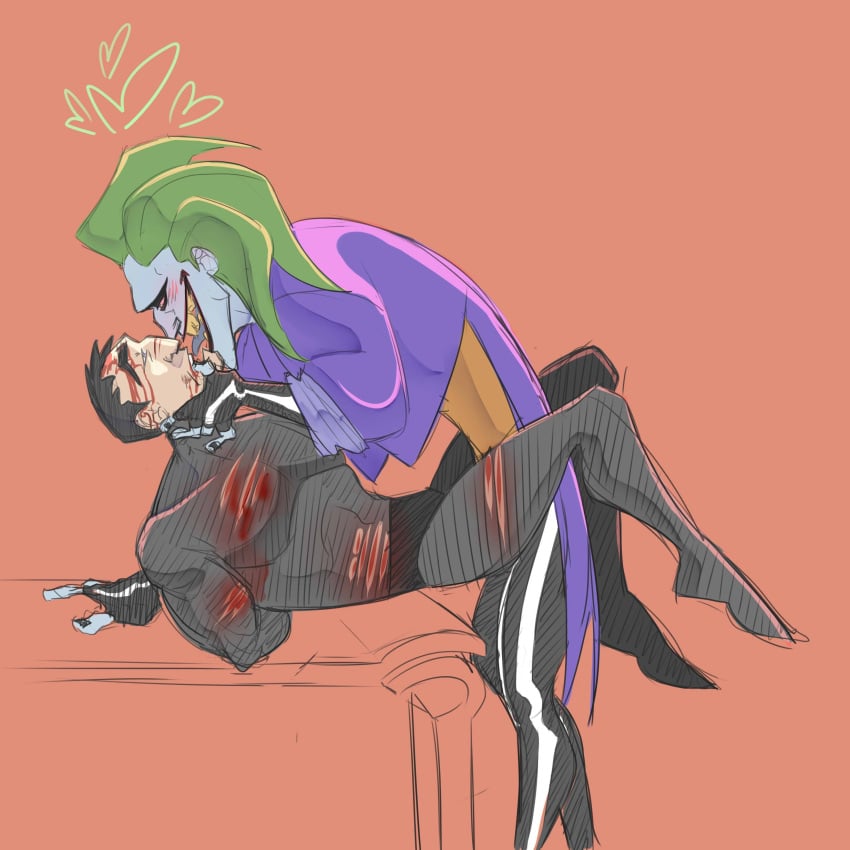 2boys batman batman_(series) bondage bound bruce_wayne clown dc_comics gay green_hair joker_(the_batman) male_only purple_suit side_view tagme the_batman the_joker wounded yaoi