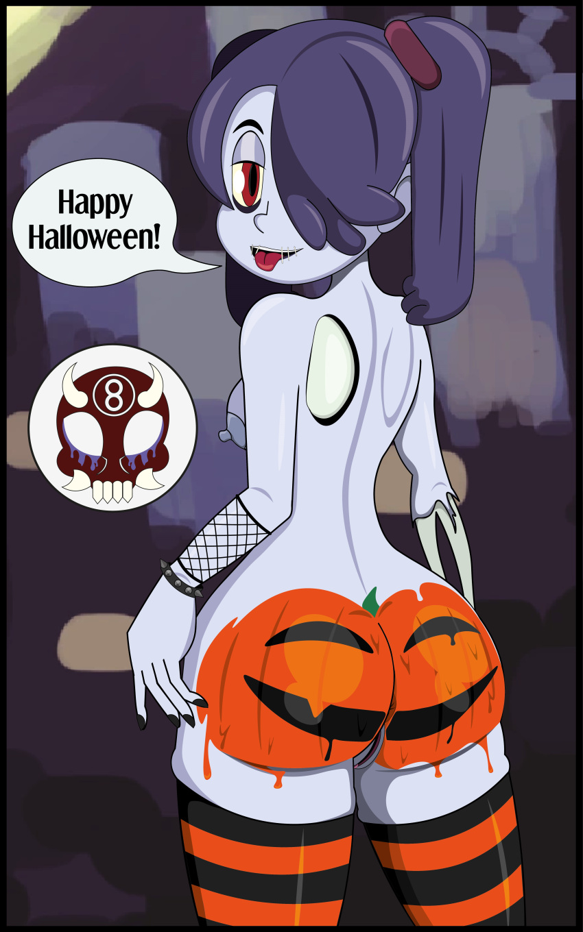 8ball9615 anus_peek big_ass black_nail_polish blue_skin halloween nude_female ponytails pumpkin_butt pussy_peek red_eyes skullgirls small_breasts socks squigly tongue_out undead_female zombie_girl