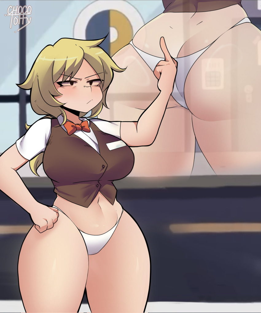 adventure_time annoyed ass blonde_hair bowtie breasts canon_panties chocotoffy clothing female fionna_and_cake fionna_campbell fionna_the_human_girl human middle_finger neckwear no_pants outerwear pale_skin panties pants_down public tagme thick_thighs thighs vest white_panties wide_hips