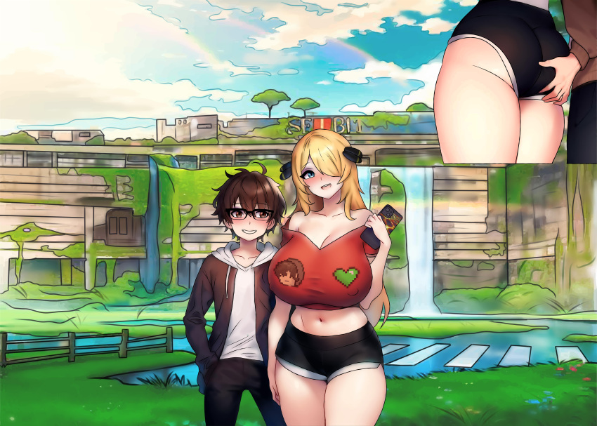 1boy 1girls age_difference ass ass_grab behind_view big_breasts blonde_hair blue_eyes brown_eyes brown_hair butt_grab chorquistudios clothed curious cynthia_(pokemon) dominant_male dominated_female glasses grabbing_ass grabbing_from_behind happy massive_breasts milf nature paulu pixel_art pokemon post_apocalyptic size_difference smaller_male walking