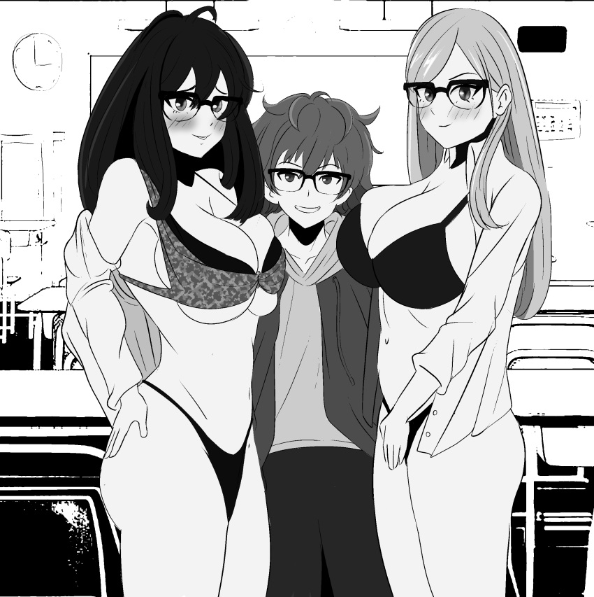 1boy 2girls aaronm age_difference dominant_male glasses happy horny_female love manga milf paulu proud school size_difference smile teacher_and_student threesome