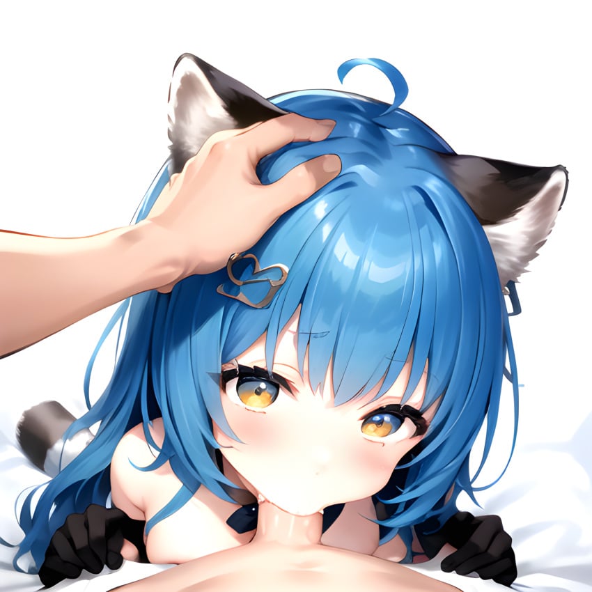 1girls ai_generated blowjob blue_hair deepthroat endless_(idol_corp) fellatio hand_on_head hi_res idol_corp poko_rakun raccoon_ears raccoon_girl raccoon_tail stable_diffusion virtual_youtuber vtuber