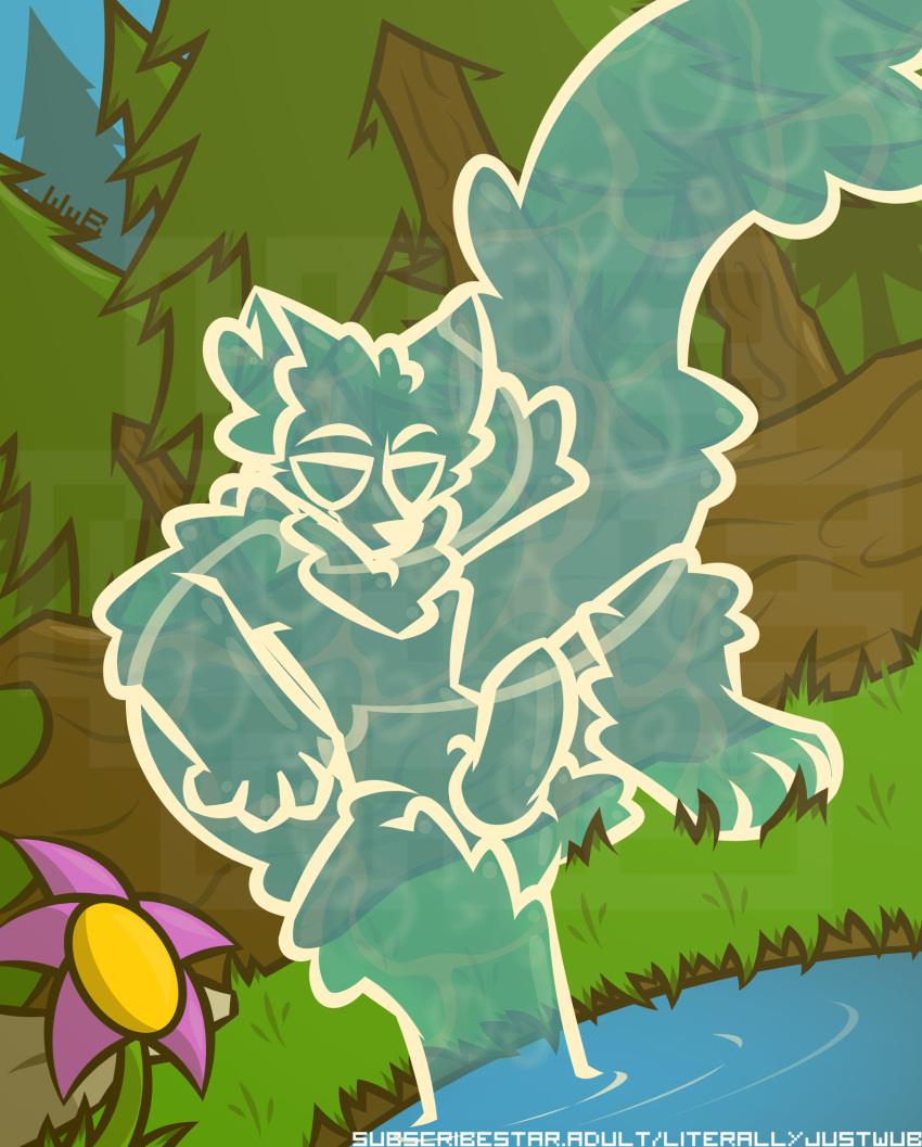 anthro balls canid canine canis elemental_creature empty_eyes flower foot_in_water forest genitals grass hadva_(wub) hand_behind_head hi_res inner_ear_fluff knot long_tail male mammal neck_tuft nude one_leg_up plant pond raised_leg rock rule_63 signature sitting smile solo tail text translucent translucent_body tree tuft url water water_creature watermark wolf wub_(artist)