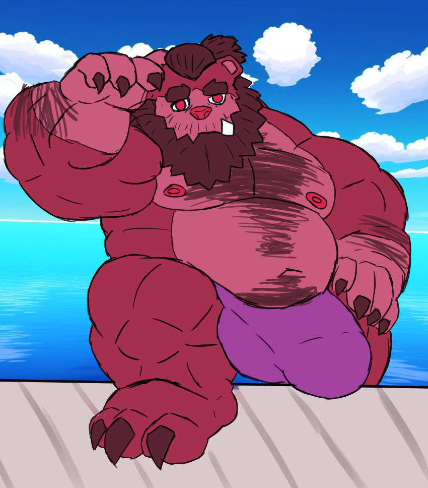 absurd_res amideo animal_humanoid anthro balls barazoku bear beard belly biceps big_balls big_muscles big_penis body_hair bottomwear brown_bear bulge chest_hair clothed clothing crouching digital_media_(artwork) erection facial_hair flexing fluffy full-length_portrait fur genitals grizzly_bear hair hairy hi_res himbo huge_balls huge_cock humanoid hyper hyper_balls hyper_genitalia hyper_penis looking_at_viewer male mammal manly mature_male moobs musclegut muscular muscular_anthro muscular_male muscular_thighs nipples obese overweight paws pecs penis pool portrait red_body red_eyes slightly_chubby smile solo standing teeth tuft tusks underwear ursine