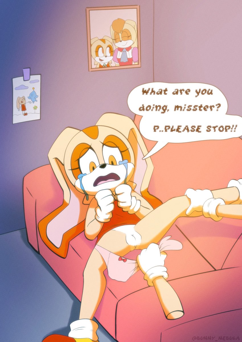 absurd_res anthro ass bedroom bodily_fluids bunny_nebula clothed clothing cream_the_rabbit crying cub duo english_text female forced genitals hi_res inside lagomorph leporid looking_at_viewer mammal open_mouth partially_clothed pussy questionable_consent rabbit sega sonic_(series) sonic_the_hedgehog_(series) tears text underwear underwear_down white_body yellow_body yellow_eyes young