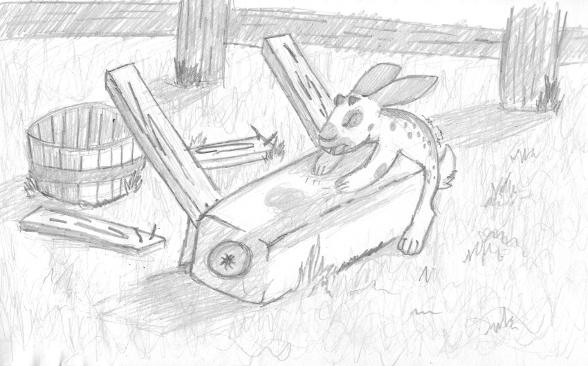 absurd_res breeding_mount closed_eyes farm feral fur graphite_(artwork) hi_res lagomorph leporid male mammal monochrome outside pencil_(artwork) rabbit runningrabbit simple_background size_difference smaller_male solo traditional_media_(artwork)