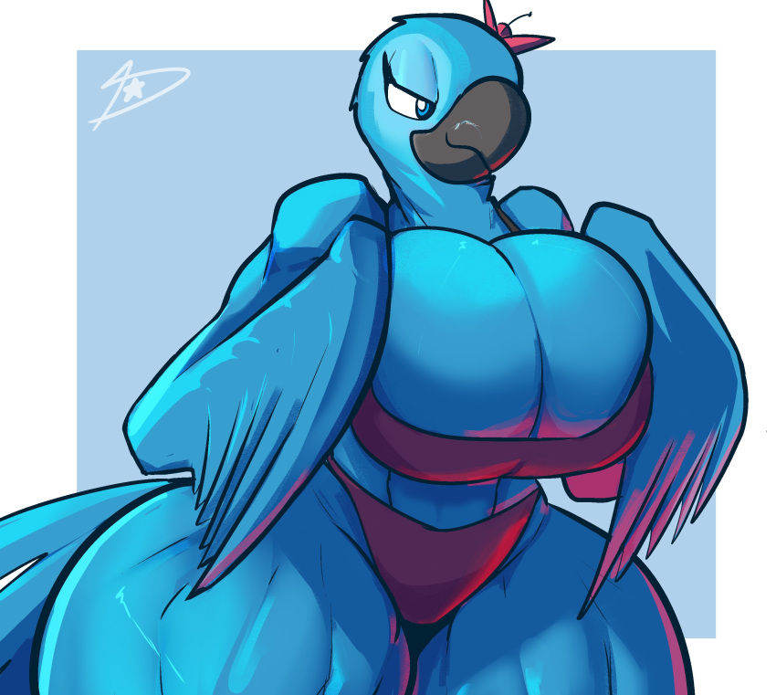 absurd_res anthro anthrofied arm_feathers athletic athletic_anthro athletic_female avian beak big_breasts bikini bird blue_body blue_eyes blue_feathers breast_squish breasts bulging_breasts cleavage cleavage_overflow clothed clothing curvy_figure digital_drawing_(artwork) digital_media_(artwork) dreamerknights eyelashes feathers female flower furry hi_res hourglass_figure huge_breasts macaw maya_(minstlu) muscular muscular_anthro muscular_female muscular_thighs neotropical_parrot parrot plant red_bikini red_clothing red_swimwear signature simple_background skimpy skimpy_bikini small_waist smile solo spix's_macaw squish swimwear tail_feathers thick_thighs true_parrot voluptuous wide_hips