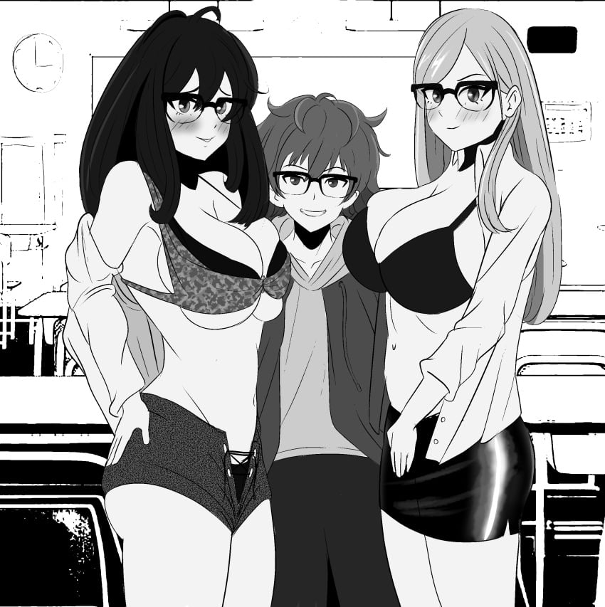 1boy 2girls aaronm age_difference dominant_male glasses happy horny_female love manga milf paulu proud school size_difference smile teacher_and_student threesome