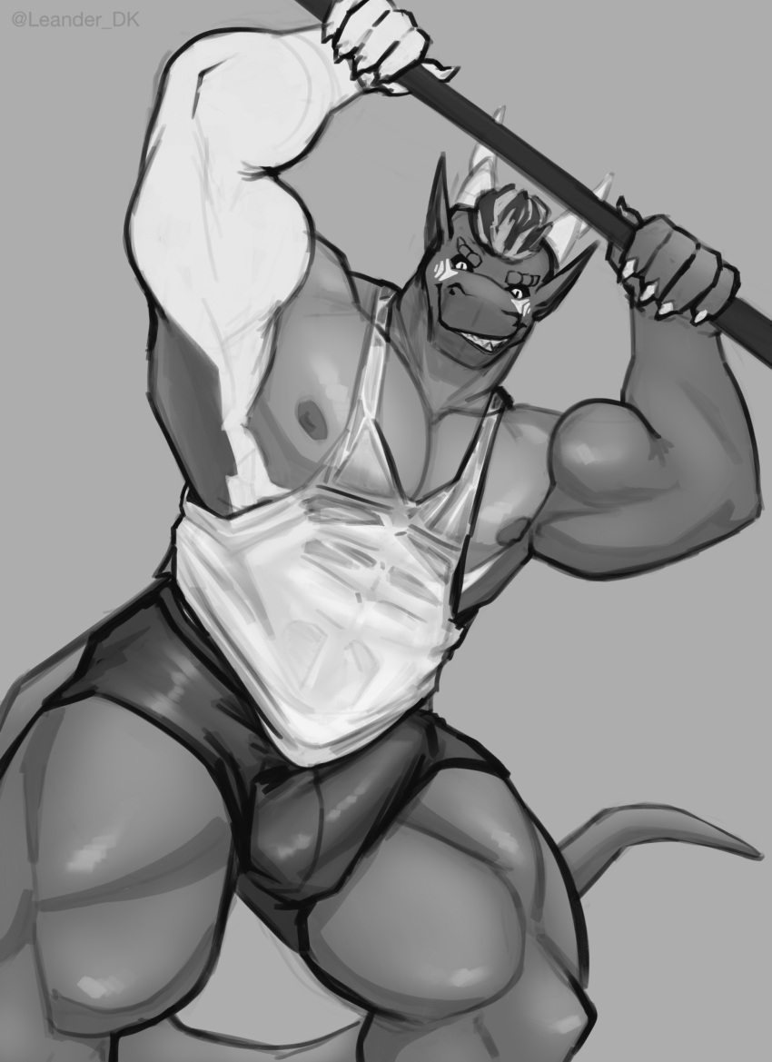 absurd_res anthro arms_above_head biceps bodily_fluids bottomwear bulge clothing dragon greyscale gym_clothing hair hi_res horn leander_dk leander_dk_(artist) looking_at_viewer low-angle_view male markings monochrome multicolored_hair muscular muscular_anthro muscular_arms muscular_male muscular_thighs nipples pecs scalie shirt smile smirk solo sweat sweaty_clothing tail tank_top topwear