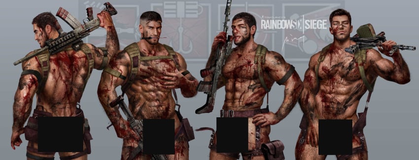 4boys abs absurdres armband artbyming ass back bara belt black_hair blood blood_on_clothes blood_on_face briefs brown_belt bulge censored copyright_name facepaint facial_hair firearm fuze_(rainbow_six) glaz_(rainbow_six) gun heavily_censored highres holding holding_gun holding_weapon kapkan_(rainbow_six) knife large_pectorals male_focus male_only male_pubic_hair male_underwear military multiple_boys muscular muscular_male navel nipples no_visible_genitalia nude pectorals penis penis_peek posing posing_with_weapon pubic_hair rainbow_six rainbow_six_siege short_hair tachanka_(rainbow_six) tattoos tongue tongue_out underwear weapon weapon_in_mouth