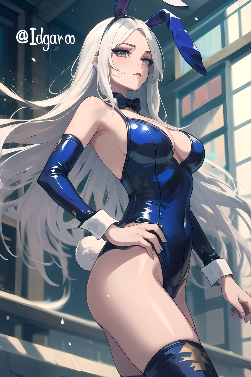 ai_generated ashe_(league_of_legends) blue_bunnysuit bunny_ears bunny_girl bunny_tail bunnysuit hand_on_hip hi_res highres idgaroo indoors league_of_legends long_hair rabbit_ears stable_diffusion white_hair