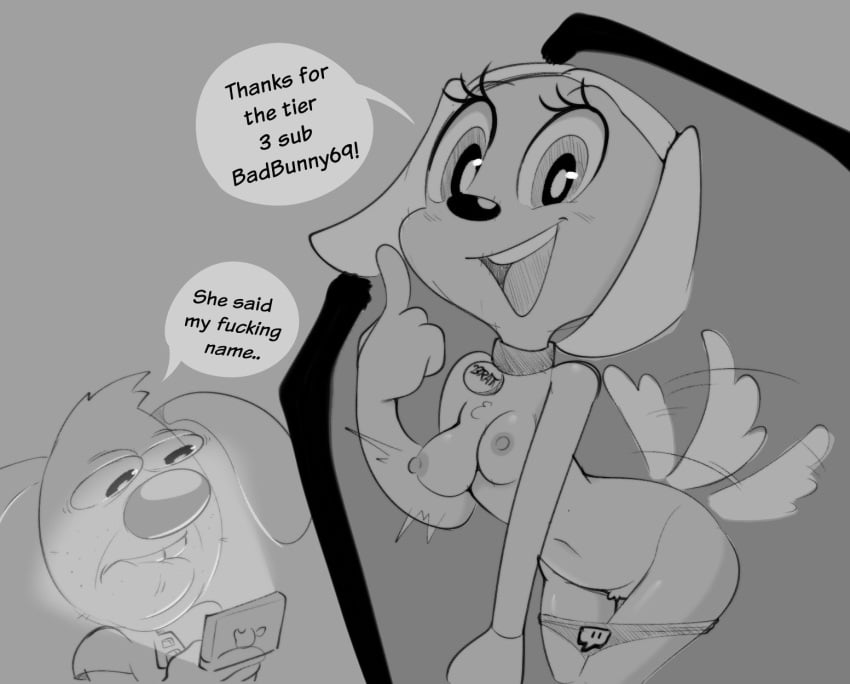 2023 anthro brandy_and_mr._whiskers brandy_harrington breasts canid canine canis casual clothed clothing collar dialogue disney domestic_dog duo electronics english_text female gametimeasia greyscale hi_res humor lagomorph leporid male mammal monochrome mr._whiskers nipples panties panties_down partially_clothed phone rabbit streaming tail tail_motion tailwag text underwear underwear_down