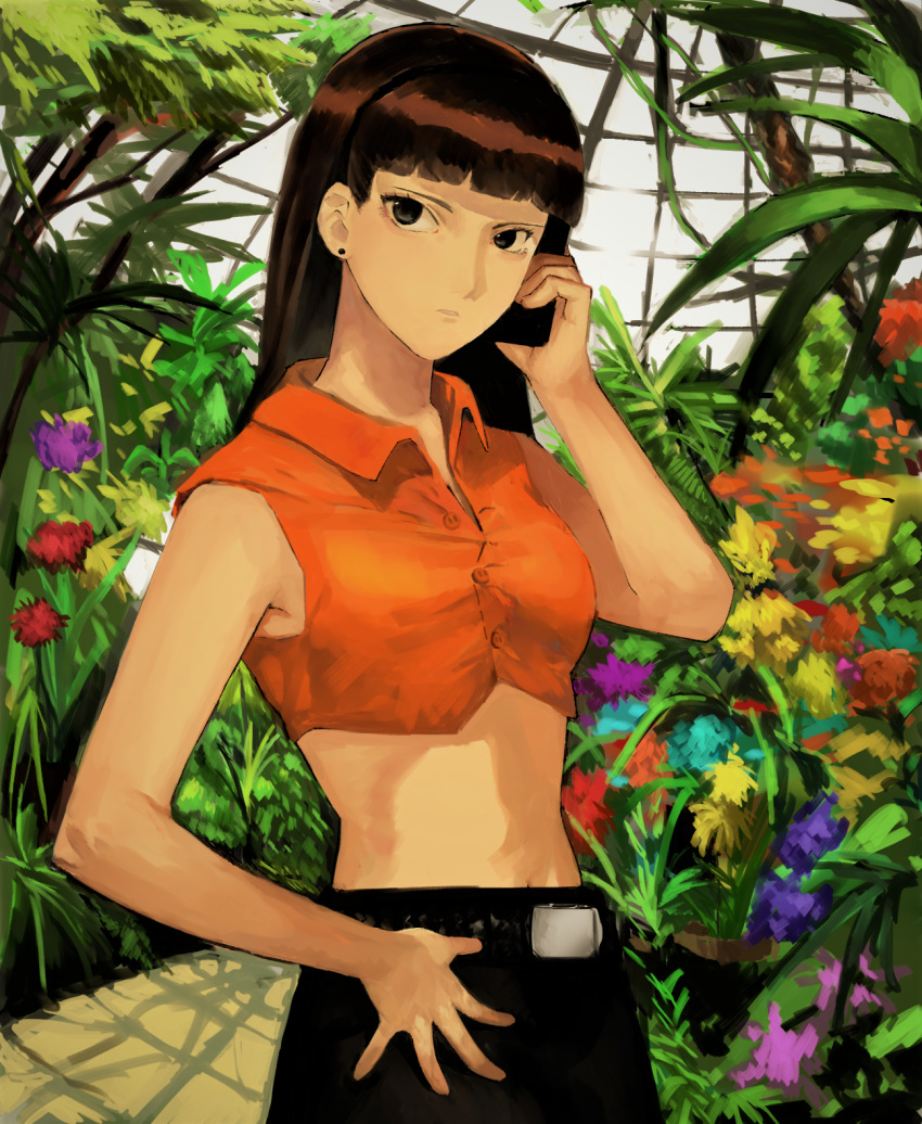 1girls belt_buckle black_eyes blunt_bangs brown_hair buckle cellphone crop_top earrings female female_only flower garden greenhouse hand_on_own_hip highres human jewelry long_hair navel phone plant reika_yamamoto serial_experiments_lain smartphone solo yurushiaru