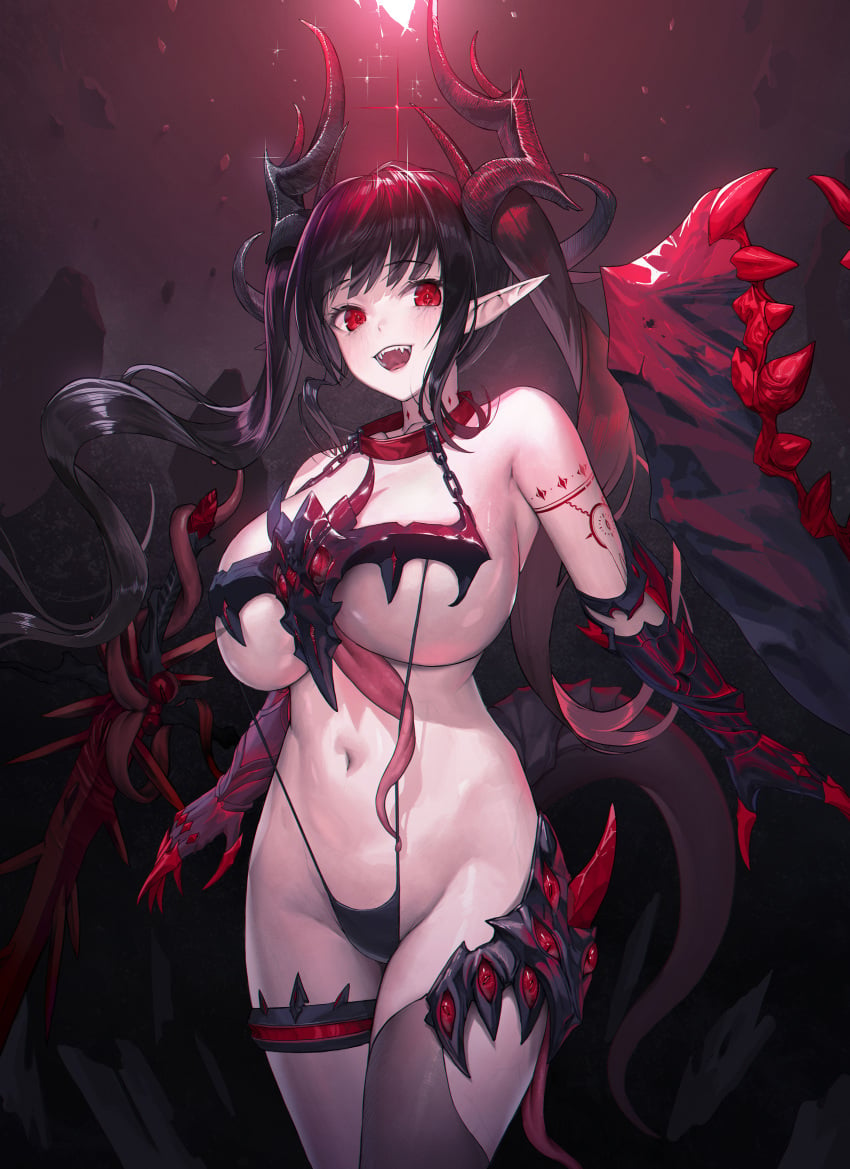 1girls 2023 absurd_res arm_markings armor big_horns bikini black_bikini black_gauntlets black_hair blush body_markings breasts chains claws cleavage collar dragon_girl dragon_horns dragon_tail dragon_wings eyebrows_visible_through_hair fangs female female_only gauntlets highres horns huge_breasts long_ears long_hair long_twintails looking_at_viewer navel neck_markings open_mouth original pointy_ears red_eyes single_thighhigh sling_bikini smile solo standing swimsuit sword tail teeth thigh_strap thighhighs thighs tied_hair tongue twintails underboob very_long_hair weapon wings yjs0803123