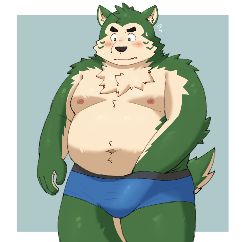 2023 anthro belly big_belly black_nose blush canid canine canis domestic_dog green_body hi_res kemono lifewonders live_a_hero male mammal mokdai moobs navel nipples overweight overweight_male simple_background solo yaki_atsuage