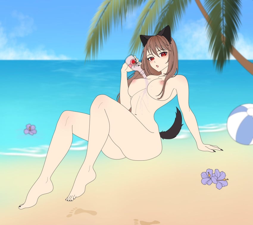 1girls animation_meme_community beach beach_ball black_nails black_toenails brown_hair cry_(crydiaa) feet fit_female medium_breasts milk milk_bottle n_kalignis nail_polish naked naked_female painted_toenails red_eyes sea seaside spilled_drink wolf_ears wolf_girl wolf_tail