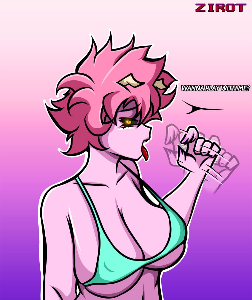 1girls ahe_gao ahe_gao ashido_mina big_breasts bikini_top black_sclera blowjob blowjob_face blowjob_gesture boku_no_hero_academia curvy dialogue female female_focus female_only huge_breasts imminent_oral implied_oral mina_ashido my_hero_academia naughty_face pink_body pink_hair short_hair thick tongue tongue_out yellow_eyes zirot