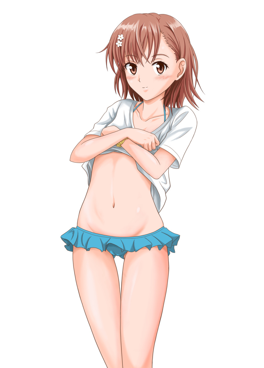 1girls 2020s 2022 ass_visible_through_thighs bare_legs bikini blush brown_eyes brown_hair collarbone female gluteal_fold hair_flower hair_ornament hi_res lifted_by_self looking_at_viewer matching_hair/eyes midriff misaka_mikoto mutsuki_kurumi navel official_alternate_costume shirt shirt_lift short_hair smile solo standing swimsuit swimsuit_under_clothes teenage_girl teenager to_aru_kagaku_no_railgun to_aru_majutsu_no_index undressing white_background young