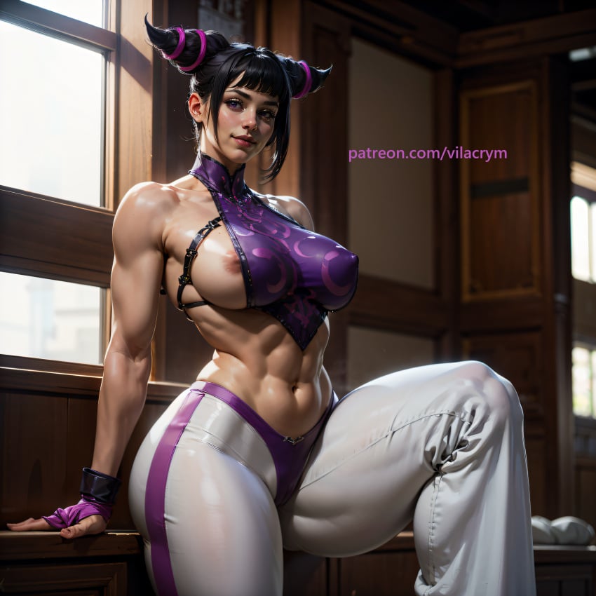 1boy 1girls abs ai_generated asian asian_female big_breasts black_hair cameltoe cone_hair_bun curvaceous curvy half_covered_nipples juri_han large_breasts leggings medium_breasts muscles muscular muscular_female nipples pants photorealism photorealistic purple_eyes realistic stable_diffusion standing street_fighter street_fighter_iv thick_thighs thighs toned toned_female vilacrym wide_hips