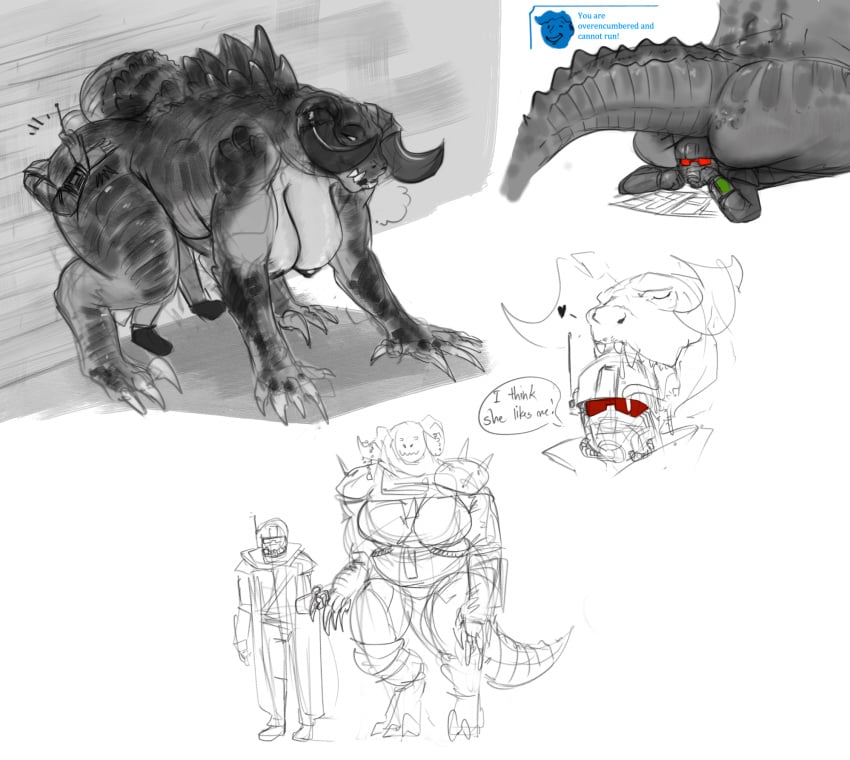 2_horns anthro anthrofied areola armor ass bethesda_softworks big_breasts black_areola bodily_fluids breasts butt_slap claws clothed clothing coat crush curvy_figure deathclaw digital_drawing_(artwork) digital_media_(artwork) digitigrade doctordj duo english_text facesitting fallout fallout_nv female female_deathclaw gameplay_mechanics grey_body grey_scales hand_holding headgear helmet hi_res horn huge_breasts human larger_female licking licking_another male male/female mammal ncr_ranger_(fallout) nude overweight pip-boy plantigrade romantic romantic_couple saliva scales scalie shaded shaded_sketch sitting_on_another size_difference sketch_page slap speech_bubble spiked_tail spikes spikes_(anatomy) tail teeth text the_courier thick_thighs tongue tongue_out topwear voluptuous wall_(structure)