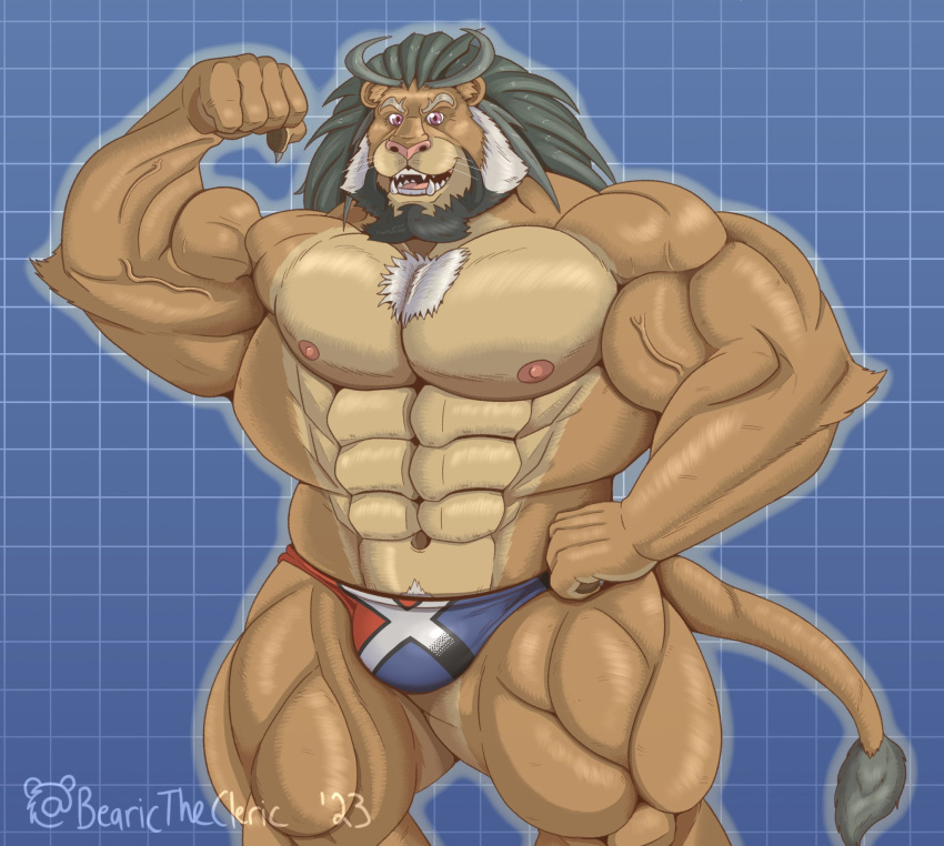 1boy abs anthro arsalan bearicthecleric big_muscles body_hair brown_body brown_fur bulge chest_hair clothing felid flexing fur green_hair hair hi_res lifewonders lion male male_only mammal mature_male muscular muscular_anthro muscular_male navel pantherine pecs solo speedo swimwear tokyo_afterschool_summoners vein veiny_muscles