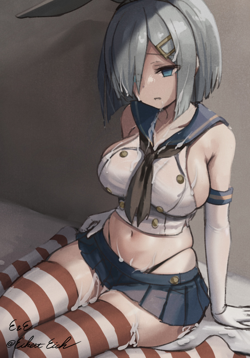 black_panties blue_eyes blue_neckerchief blue_sailor_collar blue_skirt bob_cut breasts buttons collared_shirt cosplay crop_top cum cum_on_body cum_on_breasts cum_on_clothes cum_on_legs detached_sleeves double-breasted eckert&eich elbow_gloves empty_eyes facial female gloves grey_hair hair_ornament hair_over_one_eye hairband hairclip hamakaze_(kantai_collection) highleg highleg_panties highres kantai_collection large_breasts medium_hair microskirt midriff muted_color neckerchief one-hour_drawing_challenge panties parted_lips pleated_skirt sailor_collar sash school_uniform serafuku shimakaze_(kantai_collection) shimakaze_(kantai_collection)_(cosplay) shirt sideboob sitting skindentation skirt sleeveless sleeveless_shirt solo striped striped_thighhighs thighhighs undersized_clothes underwear wariza white_gloves zettai_ryouiki