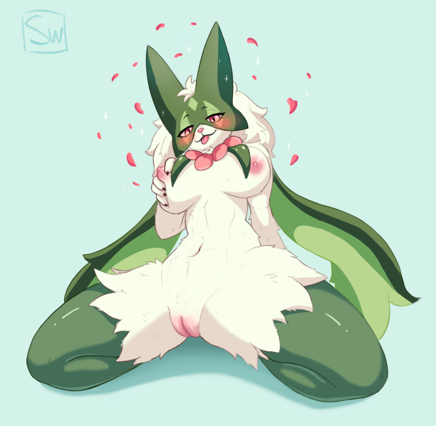 2023 anthro areola bedroom_eyes black_eyebrows black_eyelashes black_pupils blep blush body_blush breast_grab breasts digital_media_(artwork) eyebrows eyelashes female front_view fur generation_9_pokemon genitals green_body green_fur half-closed_eyes hand_on_breast hand_on_own_breast hi_res holding_breast kneeling looking_at_viewer meowscarada narrowed_eyes navel nintendo nipples nude petals pink_areola pink_eyes pink_nipples pink_nose pink_tongue pokemon pokemon_(species) pokemon_sv pupils pussy pussy_blush rose_petals seductive signature simple_background skandiniwi smile solo spread_legs spreading tongue tongue_out