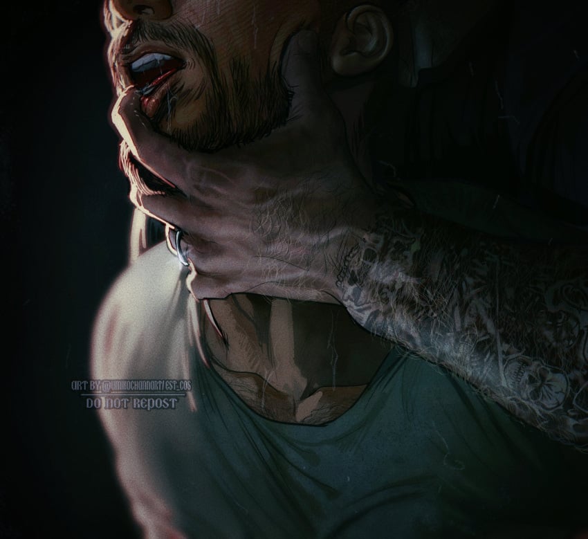 2boys arm_tattoo bara black_shirt call_of_duty call_of_duty:_modern_warfare_2 couple facial_hair gay ghost_(modern_warfare_2) hand_in_another's_mouth hand_on_another's_neck highres jewelry john_mactavish male_focus multiple_boys muscular muscular_male no_visible_genitalia open_mouth ring saliva shirt simon_riley soap_(modern_warfare_2) tattoo twitter_username umikochannart wedding_ring yaoi