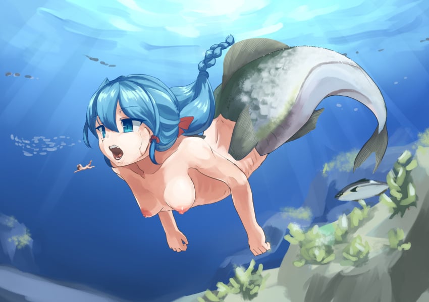 1boy 1girls blue_hair breasts female female_focus femdom fins giantess gills hina_uzura larger_female larger_female_smaller_male macro malesub mermaid micro miniboy nipples nude open_mouth shrinking shrunk smaller_male underwater