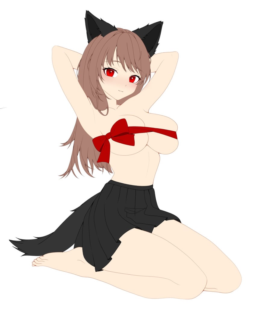 animation_meme_community blush bow bowtie brown_hair cat_ears cry_(crydiaa) hands_behind_head long_skirt n_kalignis on_knees red_eyes skirt smile