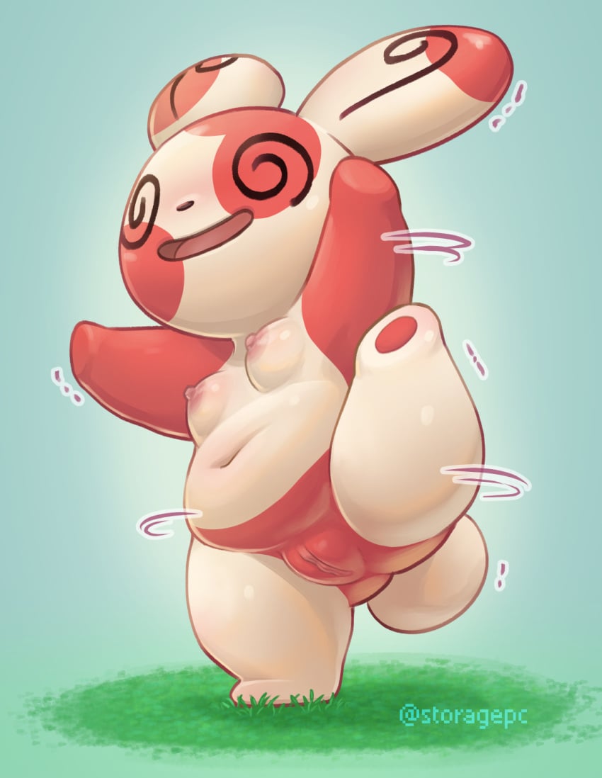 anthro breasts female generation_3_pokemon genitals hi_res low-angle_view nintendo pokemon pokemon_(species) pussy small_breasts solo spinda storagepc