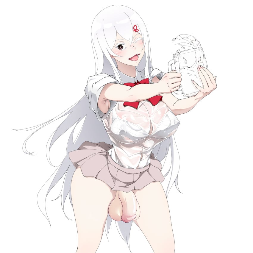 1futa balls big_balls big_breasts big_penis bottomless breasts clothed clothing echidna_(re:zero) edit flaccid futa_only futanari human large_breasts light-skinned_futanari light_skin long_hair mostly_clothed nipple_bulge no_panties penis re:zero_kara_hajimeru_isekai_seikatsu school_uniform short_skirt shoujo_donburi smooth_balls smooth_penis solo standing testicles wet_clothes white_hair