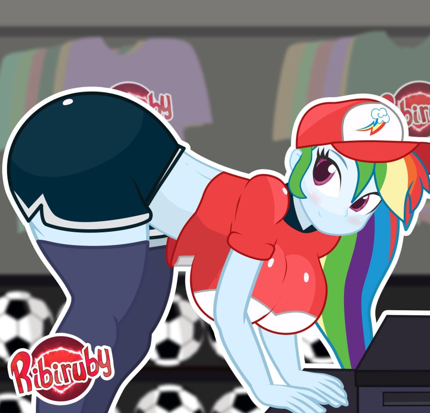 1girl 1girls 2017 ass bent_over big_ass big_breasts black_pants blue_skin blush breasts cap clothed clothed_female clothes equestria_girls female female_focus female_only hair hat headwear light_blue_skin long_hair long_socks looking_back my_little_pony pants pink_eyes rainbow_dash_(eg) rainbow_dash_(mlp) rainbow_hair ribiruby shirt short_pants socks solo solo_female watermark