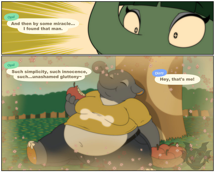 animal_crossing anthro anthro_only belly dizzy_(animal_crossing) eating fat female furry gaze happy in_love jouigidragon male navel opal_(animal_crossing) overweight overweight_male