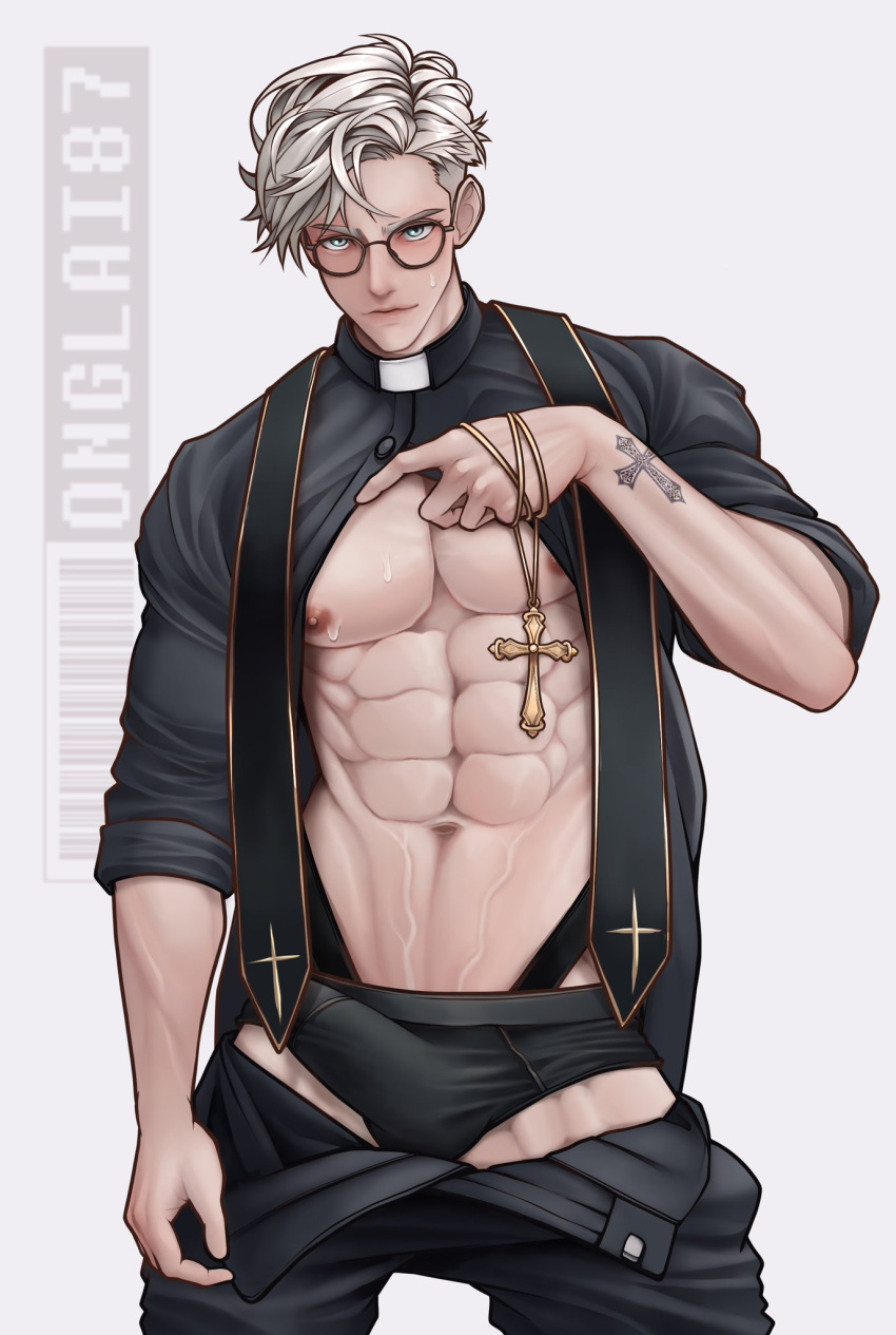 abs black_clothing black_underwear blue_eyes blush clerical_collar erection_under_clothes erection_under_underwear glasses holding_cross lifting_shirt male male_nipples muscular_male oc onglai87 priest solo swear sweatdrop unbuttoned_pants underpec underwear unzipped_pants v-line veins white_hair