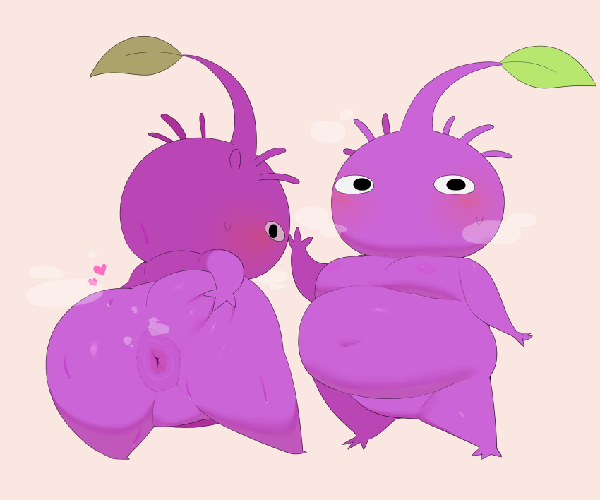 abnarie anus ass belly big_belly big_butt black_eyes blush duo elemental_creature featureless_crotch flora_fauna furry hand_on_butt hi_res humanoid looking_at_viewer looking_back male nintendo not_furry nude overweight overweight_humanoid overweight_male pikmin pikmin_(species) plant presenting presenting_hindquarters purple_body purple_pikmin