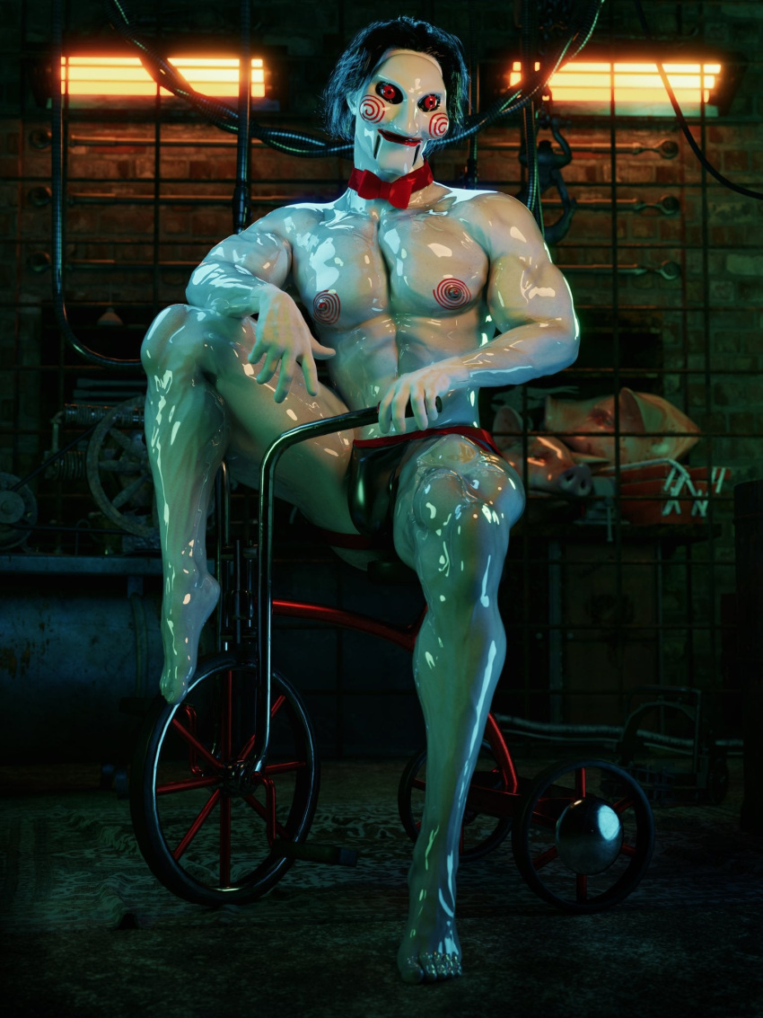 1boy 3d 3d_(artwork) billy_the_puppet bow_tie erection erection_under_clothes jigsaw_(saw) male male_only masked masked_male muscular muscular_male pectorals saw_(series) tricycle white_body white_skin