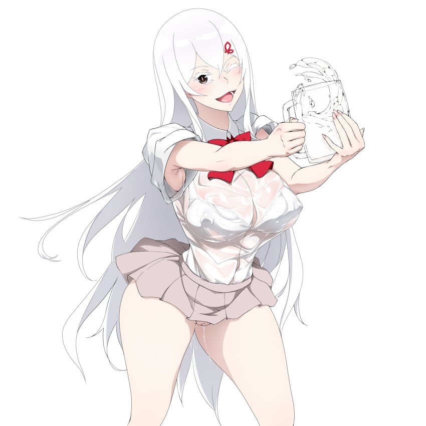 1girls echidna_(re:zero) female female_only large_breasts nipple_bulge no_panties pussy re:zero_kara_hajimeru_isekai_seikatsu school_uniform short_skirt shoujo_donburi solo tagme wet_clothes white_hair