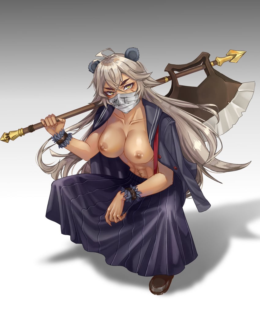 axe bare_breasts bear bear_ears big_breasts furry isekai_demon_waifu mask mobile_game palotti scars school_uniform skirt squatting warrior weapon wrist_cuffs