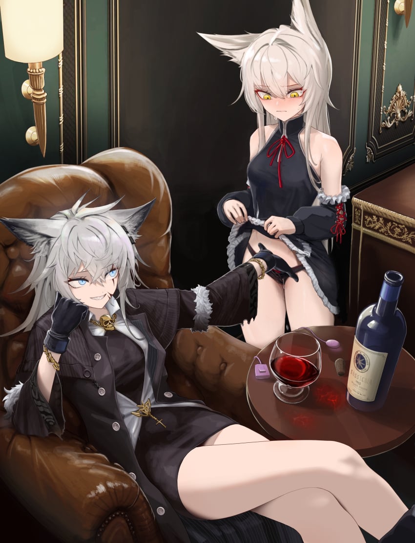 2023 2girls arknights doctor_(arknights) female female_doctor_(arknights) female_only fingering gloves hi_res lappland_(arknights) light-skinned_female light_skin long_hair mildt multiple_girls servant sitting skirt_lift smile standing white_hair wine wolf_ears wolf_girl wolf_tail yellow_eyes yuri