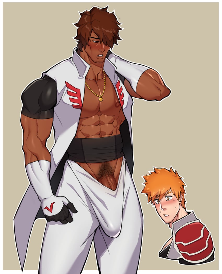 abs armor bashful big_bulge bleach bleach:_the_thousand-year_blood_war blush brown_hair bulge cheekbones clothed clothed_male dark-skinned_male erection erection_under_clothes gloves hair_covering_eye hair_over_one_eye huge_cock ichigo_kurosaki large_penis male male_nipples male_only muscular_male muto20002 necklace open_coat orange_hair pecs pubic_hair v-line yasutora_sado