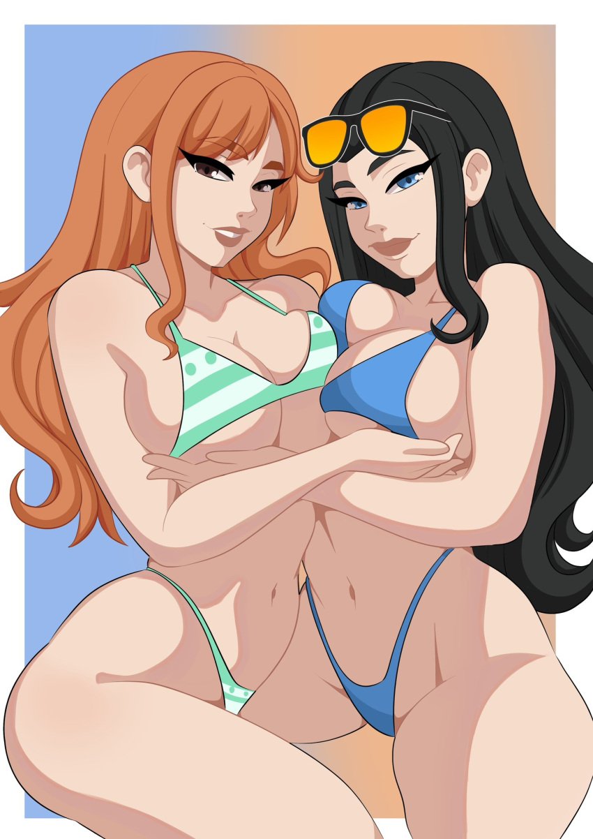 2girls bikini breasts deckman female female_only large_breasts lesbian looking_at_viewer mrdeck nami nico_robin one_piece post-timeskip striped_bikini sunglasses swimsuit thick_thighs thighs wide_hips yuri