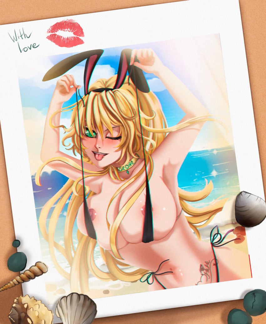 1girls beach blonde_hair breast_lift bunny_ears collar g-string geone green_eyes kiss_mark_on_photo mostrotriste postcard raised_arms tongue_out undone_bikini undone_bra wink winking_at_viewer