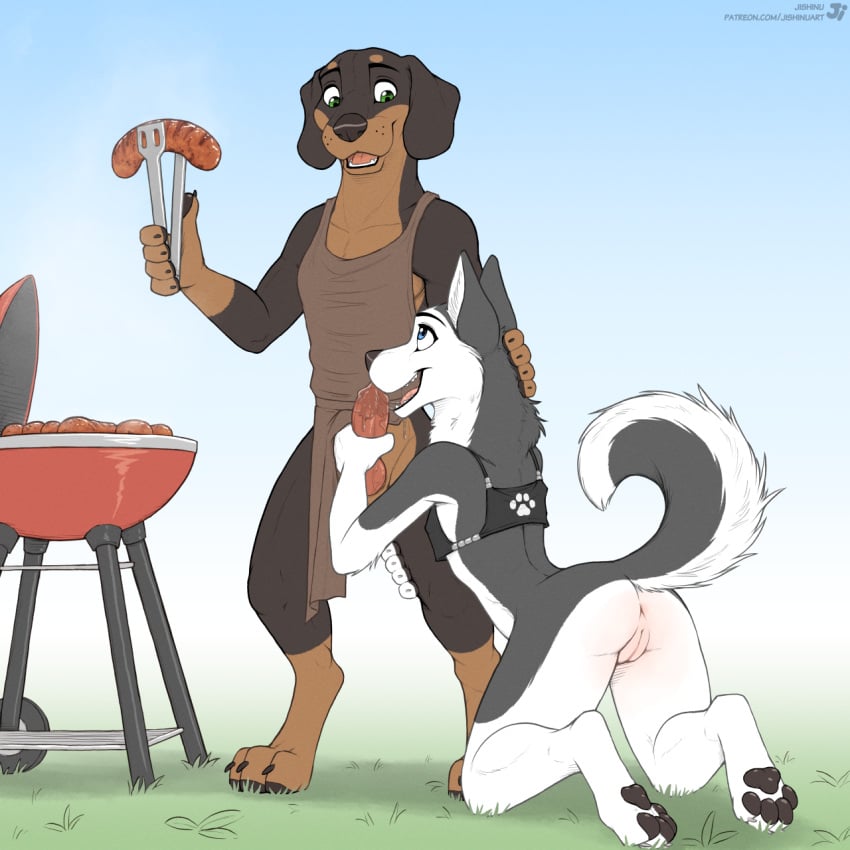 1:1 2023 anthro anus apron apron_only black_body black_fur blue_eyes bottomless brown_body brown_fur canid canine canis casual clothed clothing cooking_tongs crop_top crop_top_only dachshund day domestic_dog duo eye_contact female flat_chested food fur genitals grass green_eyes grill hana_(jishinu) hand_on_head hi_res hunting_dog husky hypercasual jishinu kitchen_utensils kneeling_oral_position leg_grab looking_at_another looking_at_partner looking_down looking_down_at_partner looking_up looking_up_at_partner male male/female mammal meat multicolored_body multicolored_fur nordic_sled_dog open_mouth oral outside_sex penis penis_grab plant pussy sausage shirt spitz standing tongs tools topwear topwear_only white_body white_fur