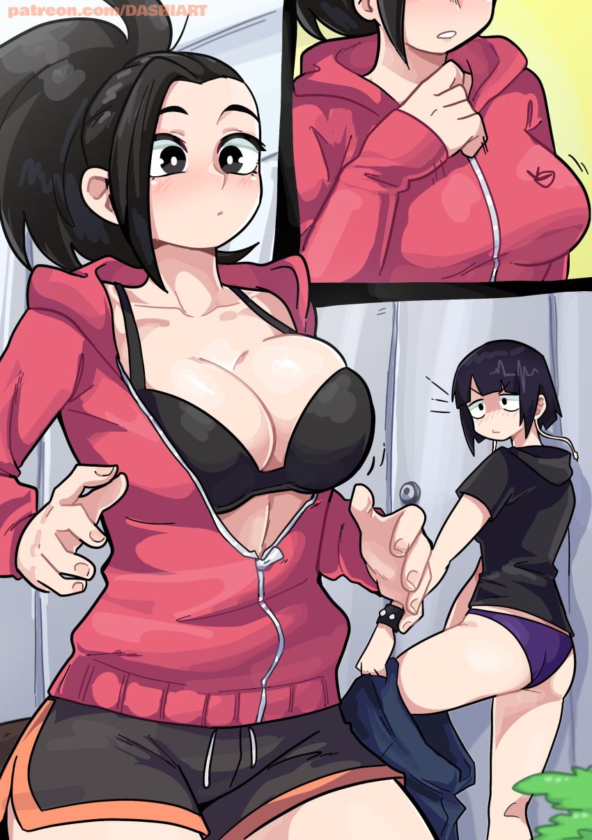 2girls ass black_hair boku_no_hero_academia bra breasts dashi_art female female_only human jirou_kyouka kyoka_jiro large_breasts medium_breasts momo_yaoyorozu multiple_girls my_hero_academia panties short_hair underwear undressing yaoyorozu_momo